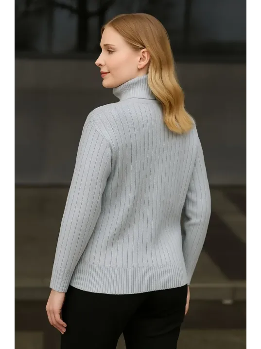Kadın Balıkcı Yaka Bağazlı Triko Kazak Pamuklu Kalın Fitilli Dokuma - Gri
