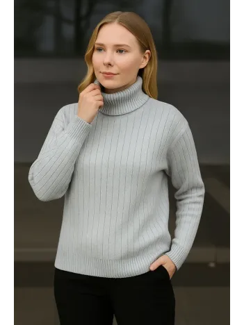 Kadın Balıkcı Yaka Bağazlı Triko Kazak Pamuklu Kalın Fitilli Dokuma - Gri