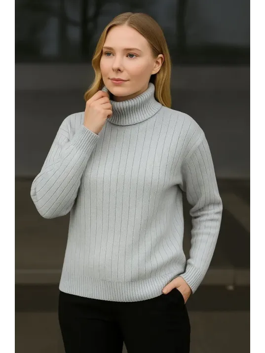 Kadın Balıkcı Yaka Bağazlı Triko Kazak Pamuklu Kalın Fitilli Dokuma - Gri