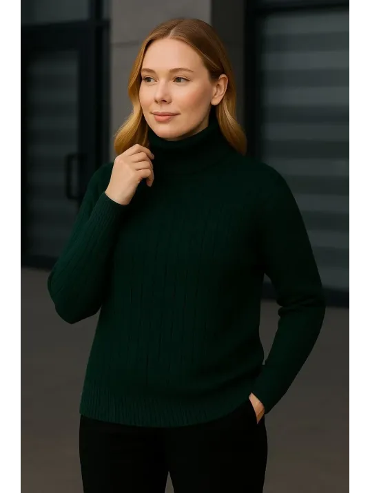 Kadın Balıkcı Yaka Bağazlı Triko Kazak Pamuklu Kalın Fitilli Dokuma - Haki