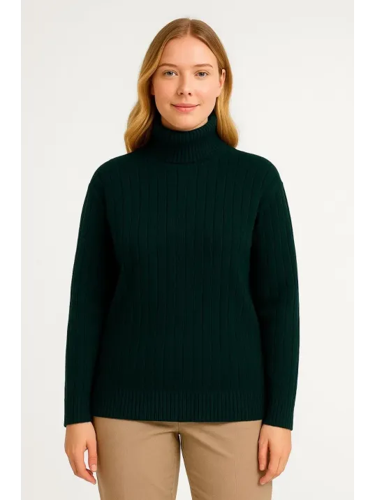 Kadın Balıkcı Yaka Bağazlı Triko Kazak Pamuklu Kalın Fitilli Dokuma - Haki