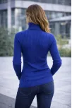 Kadın Balıkcı Yaka Bağazlı Triko Kazak Pamuklu Kalın Fitilli Dokuma - İndigo