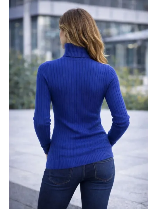 Kadın Balıkcı Yaka Bağazlı Triko Kazak Pamuklu Kalın Fitilli Dokuma - İndigo