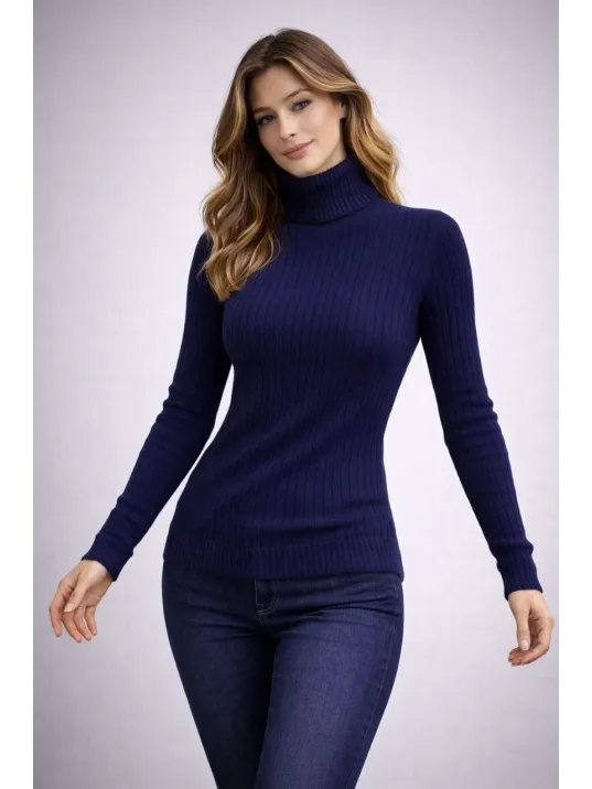 Kadın Balıkcı Yaka Bağazlı Triko Kazak Pamuklu Kalın Fitilli Dokuma - Lacivert