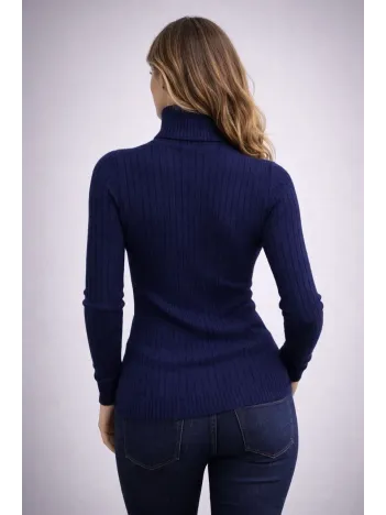 Kadın Balıkcı Yaka Bağazlı Triko Kazak Pamuklu Kalın Fitilli Dokuma - Lacivert