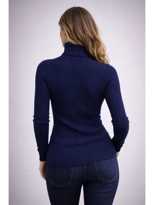 Kadın Balıkcı Yaka Bağazlı Triko Kazak Pamuklu Kalın Fitilli Dokuma - Lacivert