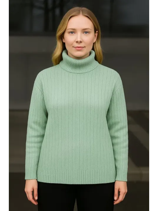 Kadın Balıkcı Yaka Bağazlı Triko Kazak Pamuklu Kalın Fitilli Dokuma - Mint Yeşili Kadın Balıkcı Yaka Bağazlı Triko Kazak Pamuklu Kalın Fitilli Dokuma - Mint Yeşili