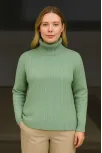 Kadın Balıkcı Yaka Bağazlı Triko Kazak Pamuklu Kalın Fitilli Dokuma - Mint Yeşili