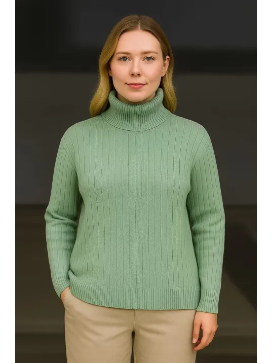 Kadın Balıkcı Yaka Bağazlı Triko Kazak Pamuklu Kalın Fitilli Dokuma - Mint Yeşili Kadın Balıkcı Yaka Bağazlı Triko Kazak Pamuklu Kalın Fitilli Dokuma - Mint Yeşili