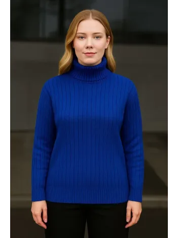 Kadın Balıkcı Yaka Bağazlı Triko Kazak Pamuklu Kalın Fitilli Dokuma - Saks Mavisi Kadın Balıkcı Yaka Bağazlı Triko Kazak Pamuklu Kalın Fitilli Dokuma - Saks Mavisi