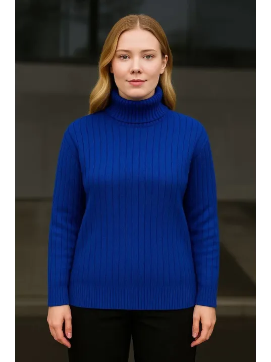 Kadın Balıkcı Yaka Bağazlı Triko Kazak Pamuklu Kalın Fitilli Dokuma - Saks Mavisi Kadın Balıkcı Yaka Bağazlı Triko Kazak Pamuklu Kalın Fitilli Dokuma - Saks Mavisi