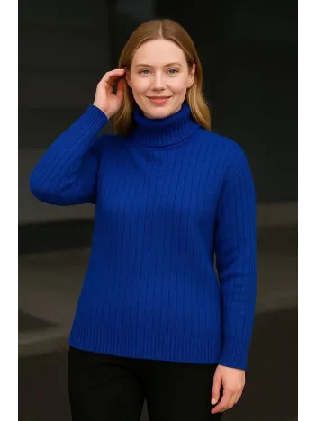 Kadın Balıkcı Yaka Bağazlı Triko Kazak Pamuklu Kalın Fitilli Dokuma - Saks Mavisi