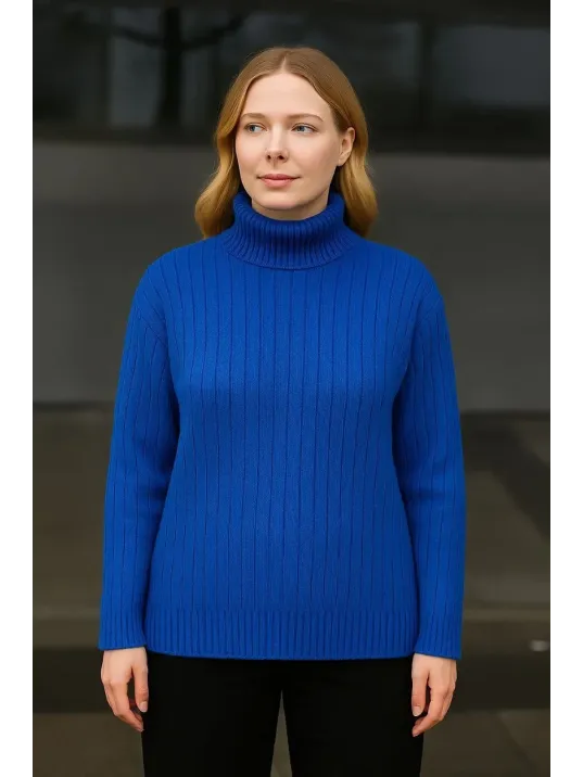 Kadın Balıkcı Yaka Bağazlı Triko Kazak Pamuklu Kalın Fitilli Dokuma - Saks Mavisi Kadın Balıkcı Yaka Bağazlı Triko Kazak Pamuklu Kalın Fitilli Dokuma - Saks Mavisi