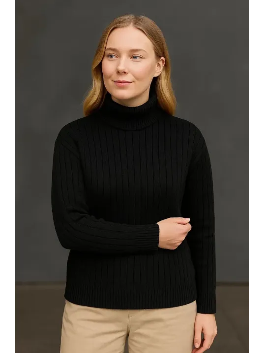 Kadın Balıkcı Yaka Bağazlı Triko Kazak Pamuklu Kalın Fitilli Dokuma - Siyah