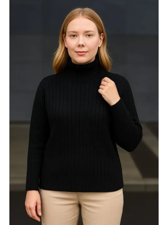 Kadın Balıkcı Yaka Bağazlı Triko Kazak Pamuklu Kalın Fitilli Dokuma - Siyah