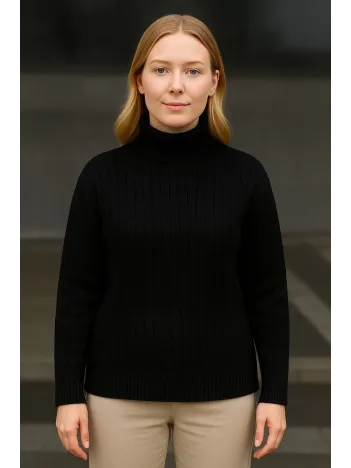 Kadın Balıkcı Yaka Bağazlı Triko Kazak Pamuklu Kalın Fitilli Dokuma - Siyah