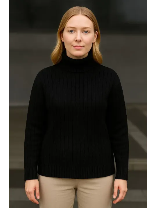 Kadın Balıkcı Yaka Bağazlı Triko Kazak Pamuklu Kalın Fitilli Dokuma - Siyah