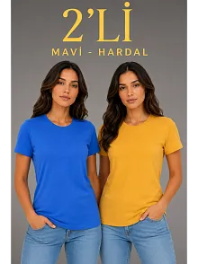 Kadın Basic Bisiklet Yaka Yazlık Slim Fit T-shirt - Mavi & Hardal Sarısı
