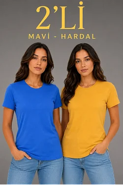 Kadın Basic Bisiklet Yaka Yazlık Slim Fit T-shirt - Mavi & Hardal Sarısı