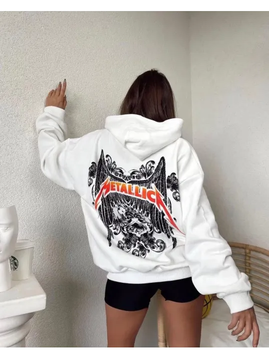 Kadın Baskılı Kapüşonlu Sweat - Beyaz