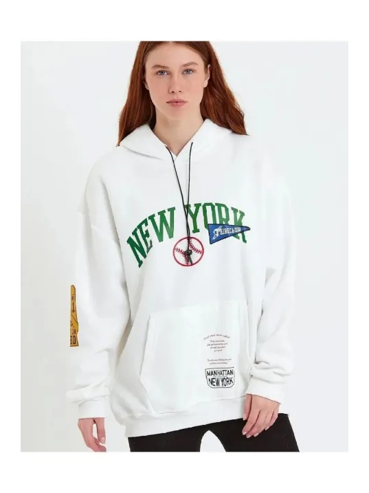 Kadın Baskılı Kapüşonlu Sweatshirt - Beyaz Kadın Baskılı Kapüşonlu Sweatshirt - Beyaz