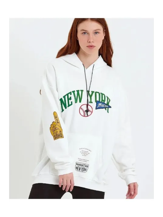 Kadın Baskılı Kapüşonlu Sweatshirt - Beyaz Kadın Baskılı Kapüşonlu Sweatshirt - Beyaz