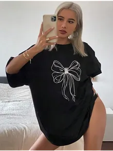 Kadın Baskılı Oversize T-shirt - Siyah