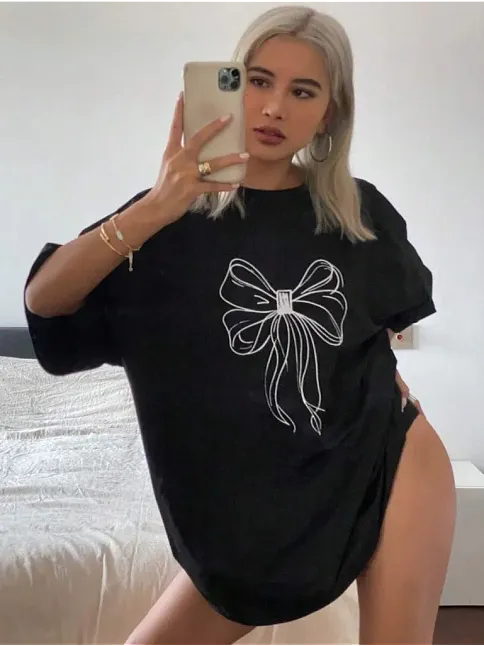 Kadın Baskılı Oversize T-shirt - Siyah