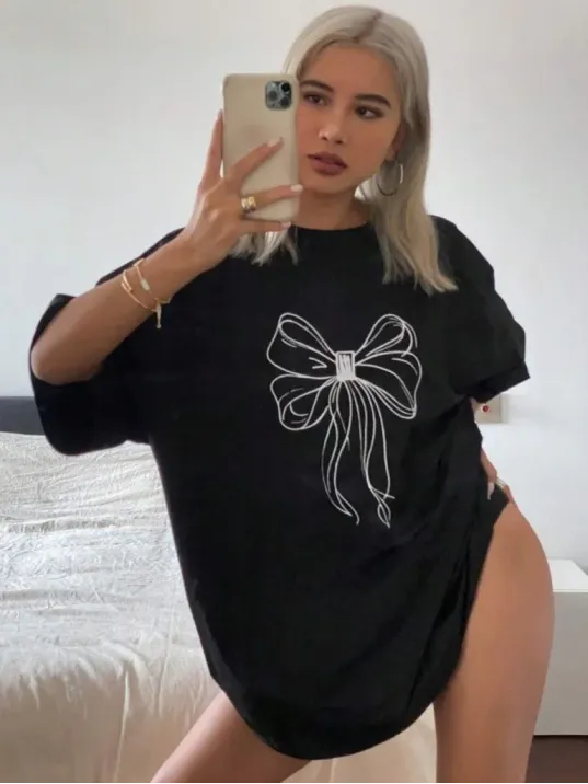 Kadın Baskılı Oversize T-shirt - Siyah