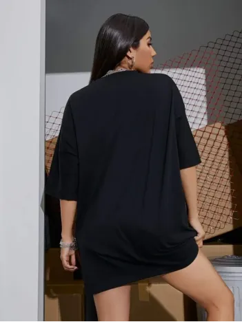 Kadın Baskılı Oversize T-shirt - Siyah