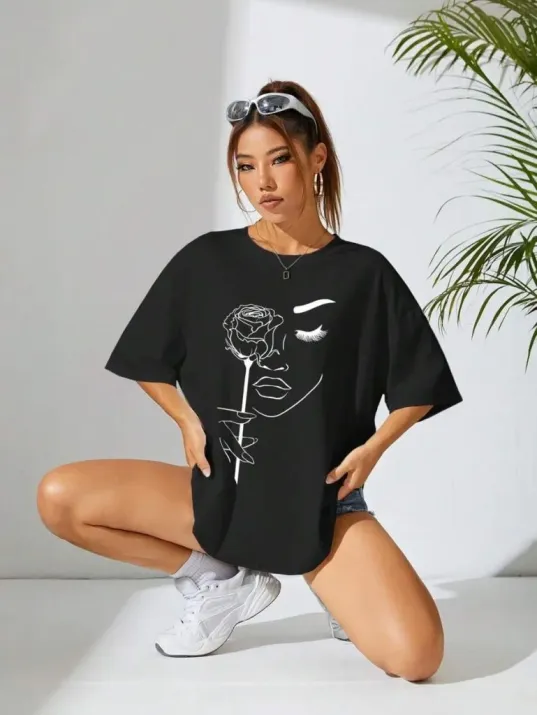 Kadın Baskılı Oversize T-shirt - Siyah