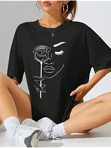 Kadın Baskılı Oversize T-shirt - Siyah