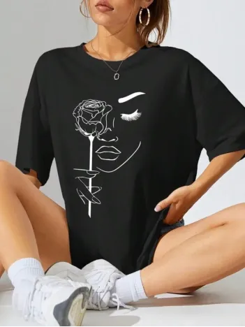 Kadın Baskılı Oversize T-shirt - Siyah Kadın Baskılı Oversize T-shirt - Siyah