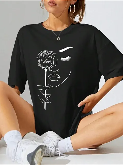 Kadın Baskılı Oversize T-shirt - Siyah