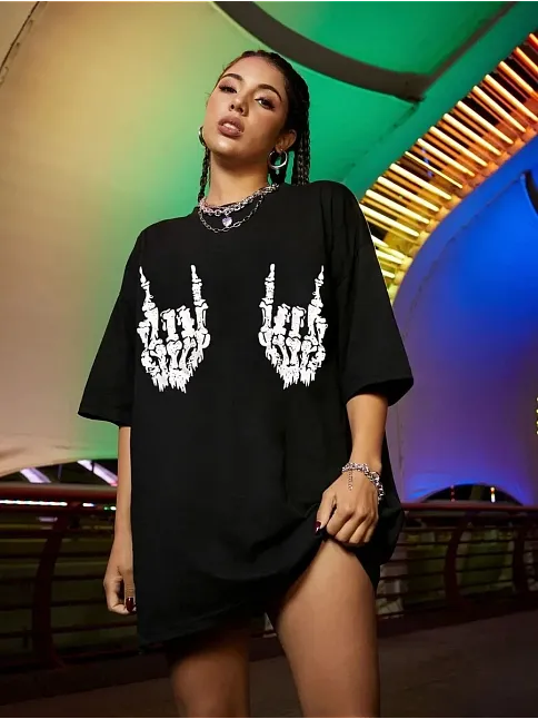 Kadın Baskılı Oversize T-shirt - Siyah