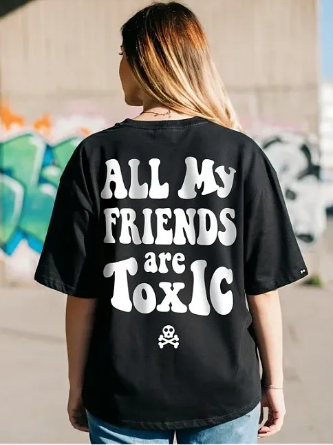 Kadın Baskılı Oversize T-shirt - Siyah