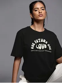 Kadın Baskılı Oversize T-shirt - Siyah