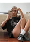 Kadın Baskılı Oversize T-shirt - Siyah
