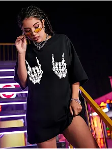 Kadın Baskılı Oversize T-shirt - Siyah