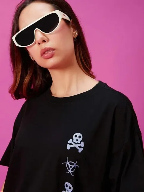 Kadın Baskılı Oversize T-shirt - Siyah