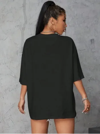 Kadın Baskılı Oversize T-shirt - Siyah