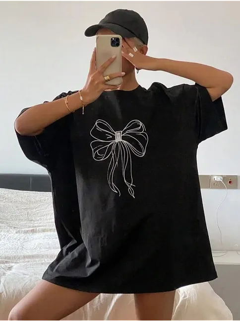 Kadın Baskılı Oversize T-shirt - Siyah