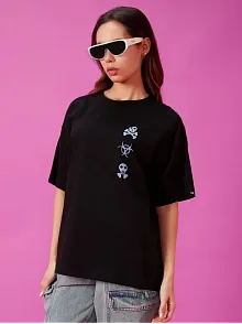 Kadın Baskılı Oversize T-shirt - Siyah