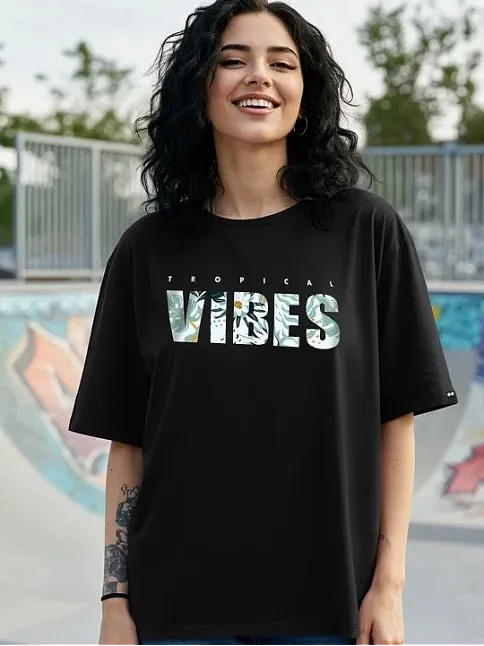 Kadın Baskılı Oversize T-shirt - Siyah