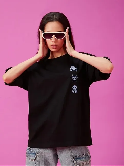 Kadın Baskılı Oversize T-shirt - Siyah