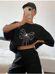 Kadın Baskılı Oversize T-shirt - Siyah