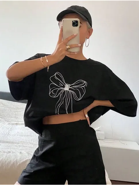 Kadın Baskılı Oversize T-shirt - Siyah