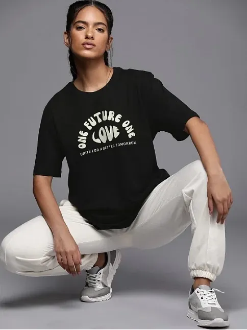 Kadın Baskılı Oversize T-shirt - Siyah