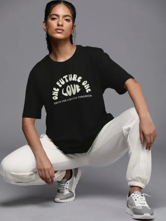 Kadın Baskılı Oversize T-shirt - Siyah