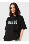 Kadın Baskılı Oversize T-shirt - Siyah